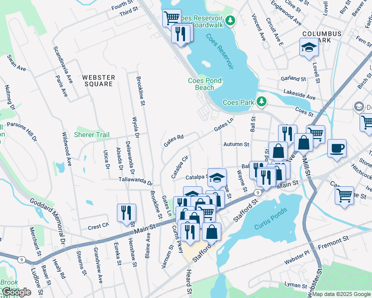 map of restaurants, bars, coffee shops, grocery stores, and more near 76 Gates Lane in Worcester