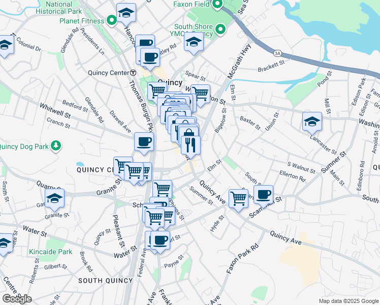 map of restaurants, bars, coffee shops, grocery stores, and more near 1548 Hancock Street in Quincy