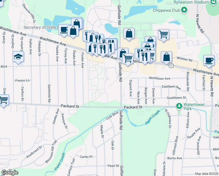 map of restaurants, bars, coffee shops, grocery stores, and more near 2738 Golfside Road in Ann Arbor