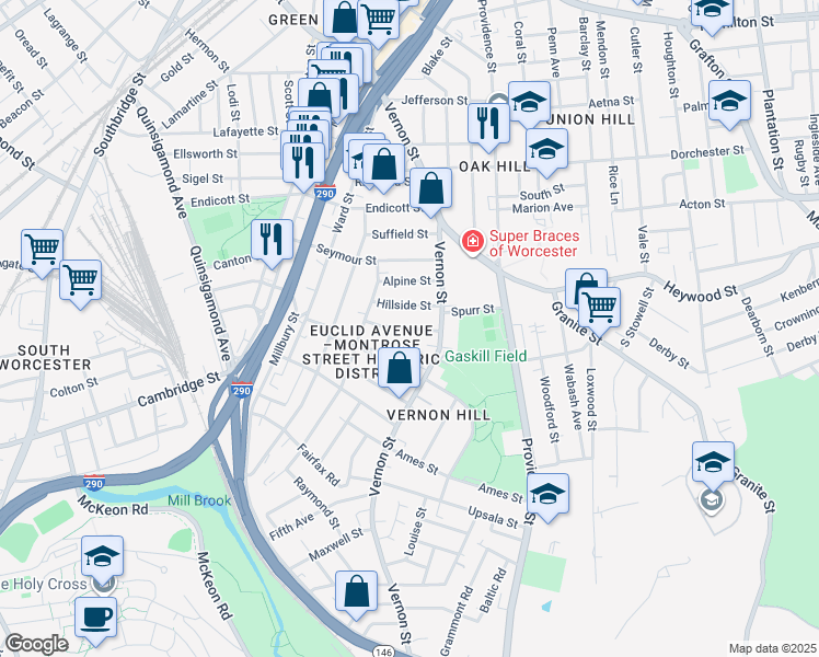 map of restaurants, bars, coffee shops, grocery stores, and more near 8 View Street in Worcester