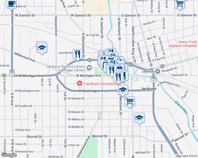 map of restaurants, bars, coffee shops, grocery stores, and more near 100 South Jackson Street in Jackson