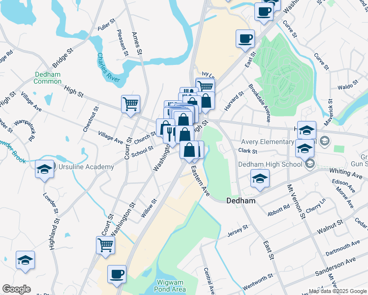 map of restaurants, bars, coffee shops, grocery stores, and more near 5 Bryant Street in Dedham
