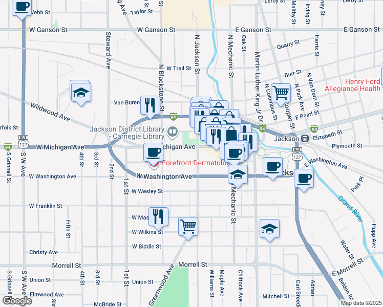 map of restaurants, bars, coffee shops, grocery stores, and more near 100 South Jackson Street in Jackson