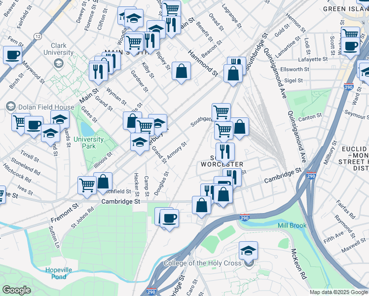 map of restaurants, bars, coffee shops, grocery stores, and more near 33 Southgate Street in Worcester