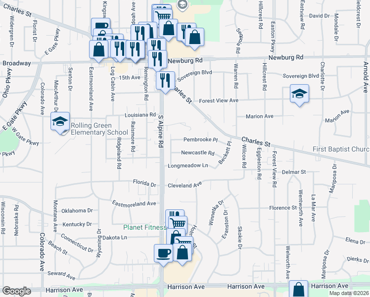 map of restaurants, bars, coffee shops, grocery stores, and more near 4533 Pembrooke Place in Rockford