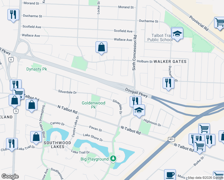 map of restaurants, bars, coffee shops, grocery stores, and more near 1010 Lemonwood Crescent in Windsor