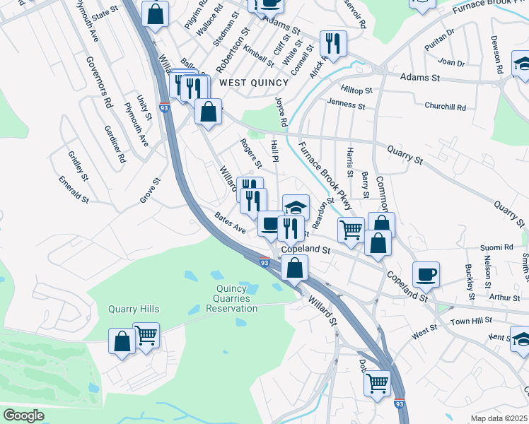 map of restaurants, bars, coffee shops, grocery stores, and more near 258 Willard Street in Quincy