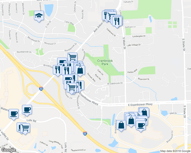 map of restaurants, bars, coffee shops, grocery stores, and more near 427 Ryan Road in Ann Arbor