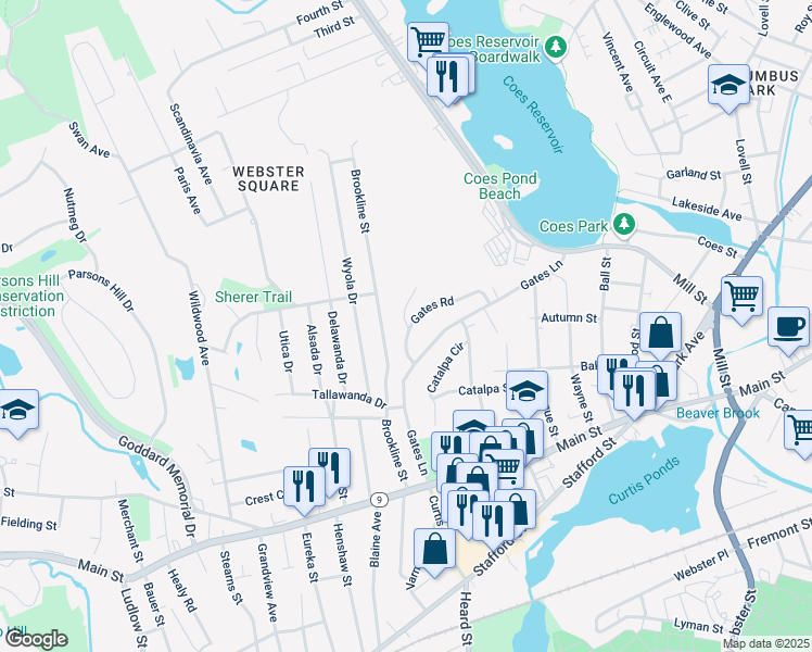 map of restaurants, bars, coffee shops, grocery stores, and more near 22 Gates Road in Worcester