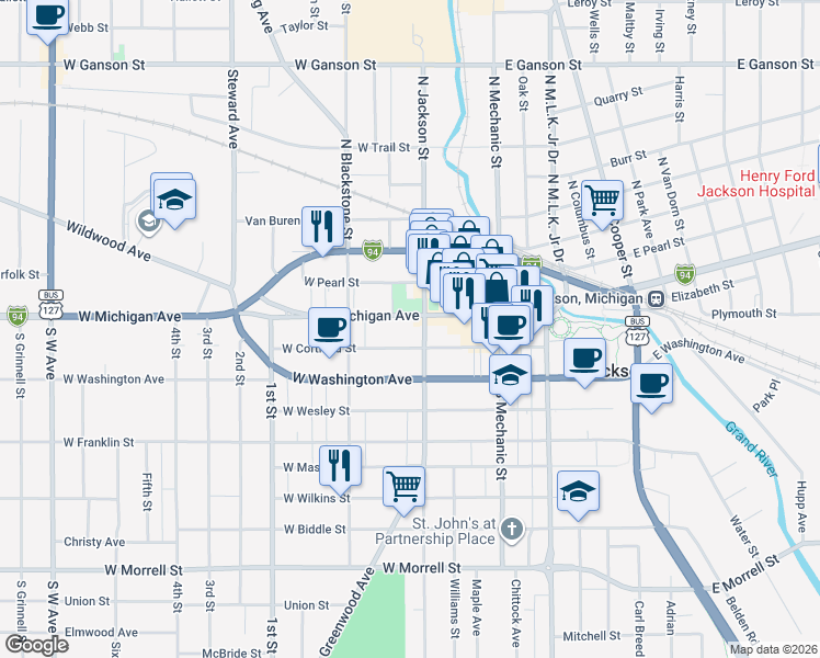 map of restaurants, bars, coffee shops, grocery stores, and more near 100 South Jackson Street in Jackson