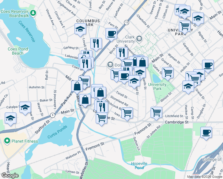 map of restaurants, bars, coffee shops, grocery stores, and more near 4 Agawam Street in Worcester