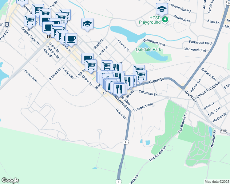 map of restaurants, bars, coffee shops, grocery stores, and more near 721 Columbia Street in Hudson