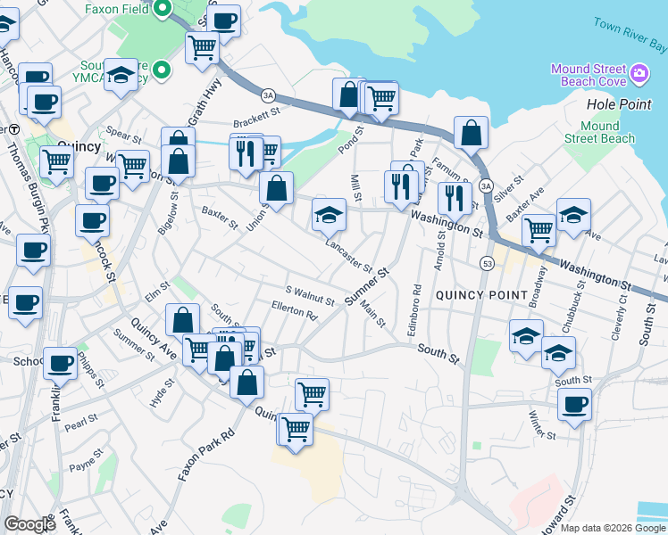 map of restaurants, bars, coffee shops, grocery stores, and more near 49 Lancaster Street in Quincy