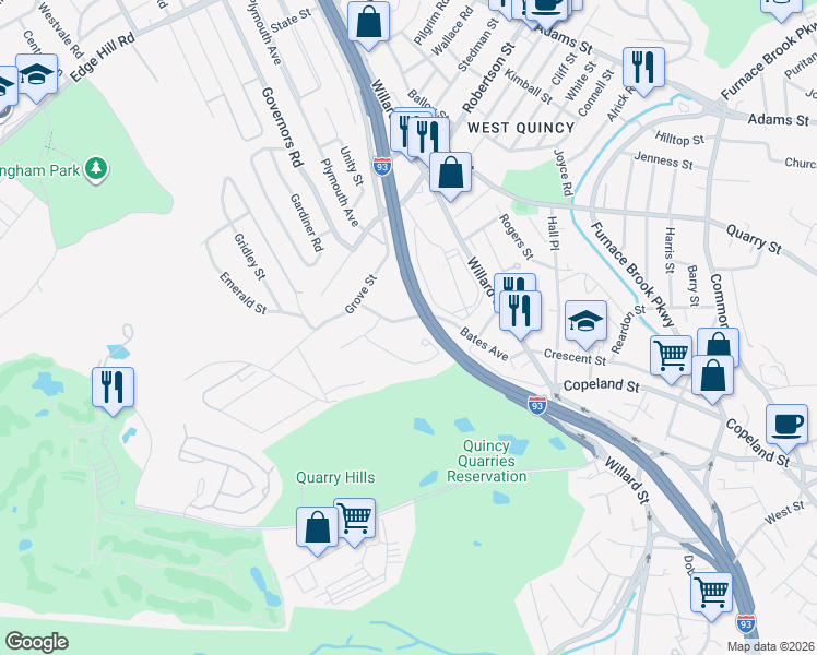 map of restaurants, bars, coffee shops, grocery stores, and more near 109 Bates Avenue in Quincy