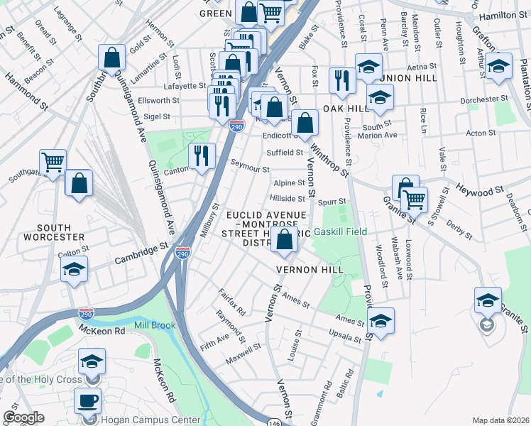 map of restaurants, bars, coffee shops, grocery stores, and more near 35 Sterling Street in Worcester