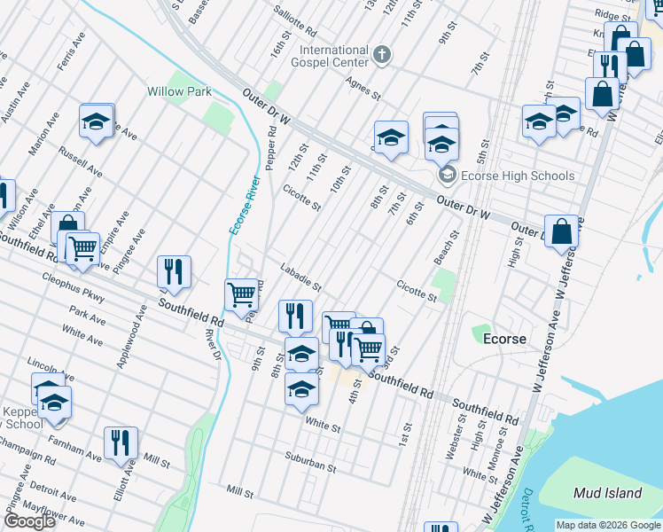 map of restaurants, bars, coffee shops, grocery stores, and more near 4316 8th Street in Ecorse