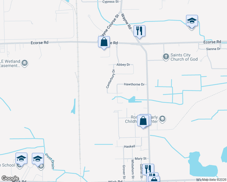 map of restaurants, bars, coffee shops, grocery stores, and more near 7796 Surrey Drive in Romulus