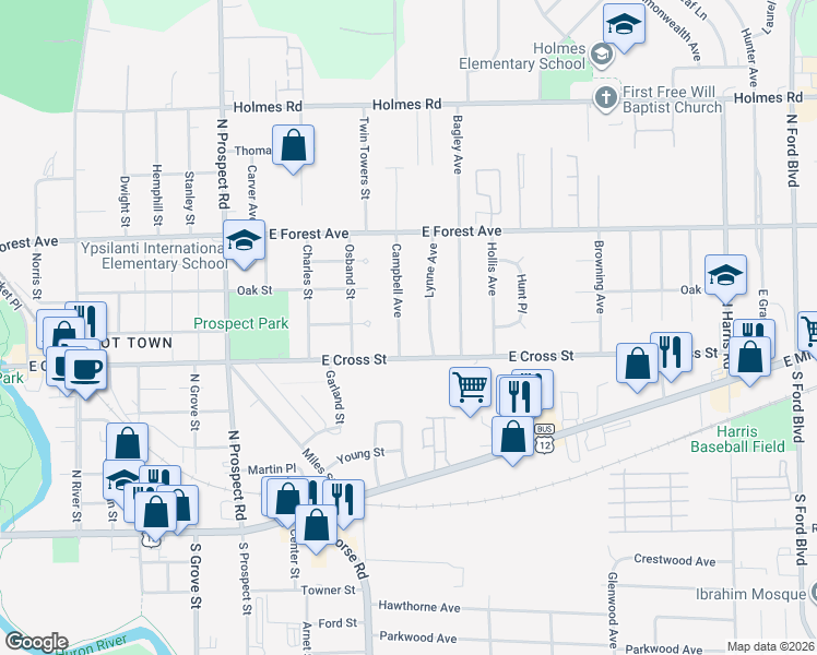 map of restaurants, bars, coffee shops, grocery stores, and more near 545 Lynne Avenue in Ypsilanti