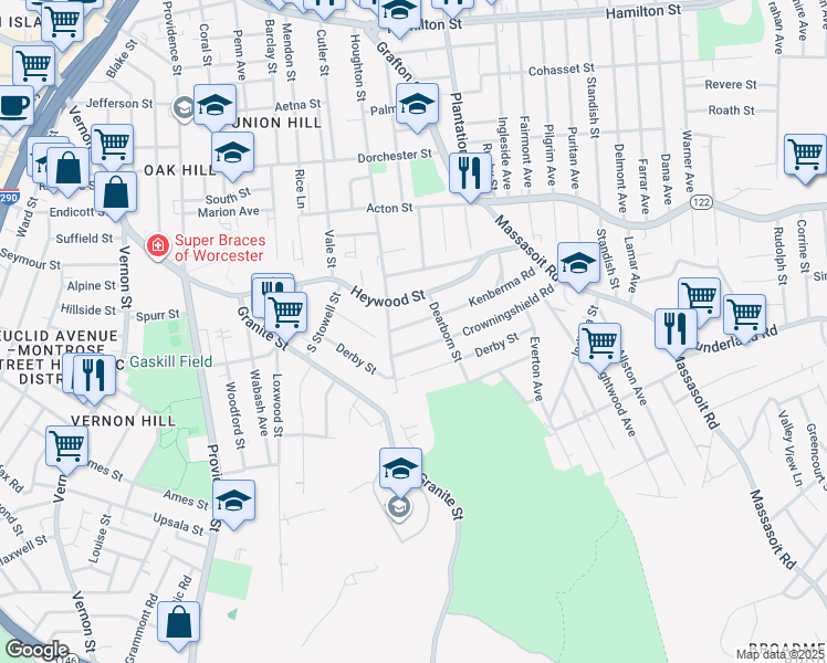 map of restaurants, bars, coffee shops, grocery stores, and more near 47 Kenberma Road in Worcester