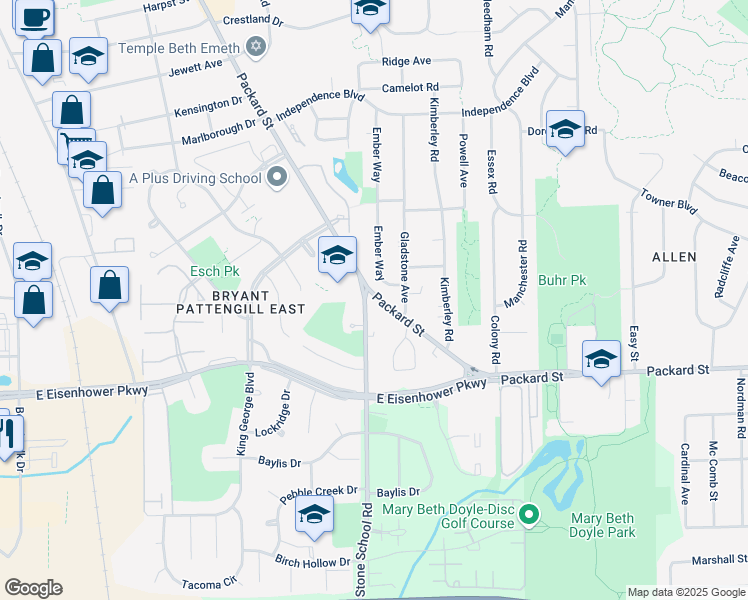 map of restaurants, bars, coffee shops, grocery stores, and more near 2600 Packard Road in Ypsilanti