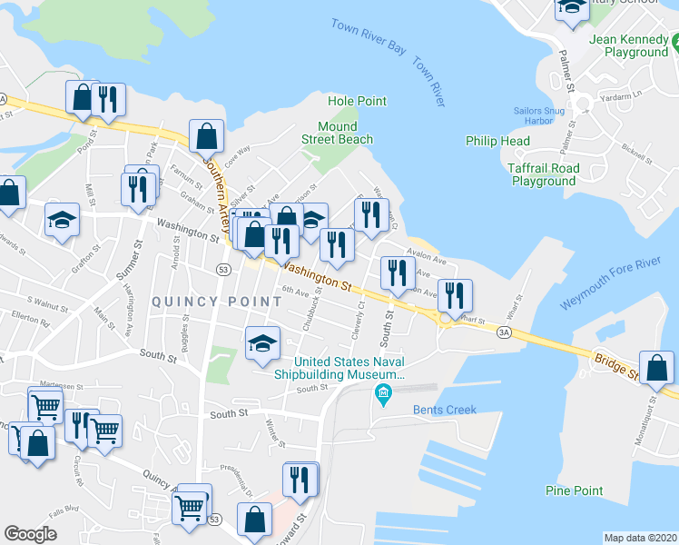 map of restaurants, bars, coffee shops, grocery stores, and more near 93 Curtis Avenue in Quincy
