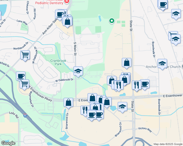 map of restaurants, bars, coffee shops, grocery stores, and more near 250 West Oakbrook Drive in Ann Arbor
