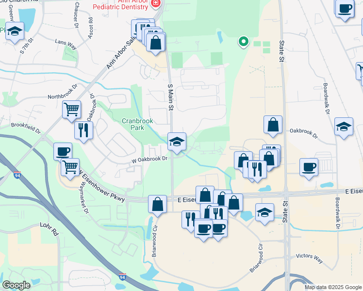 map of restaurants, bars, coffee shops, grocery stores, and more near 175 Briarcrest Drive in Ann Arbor