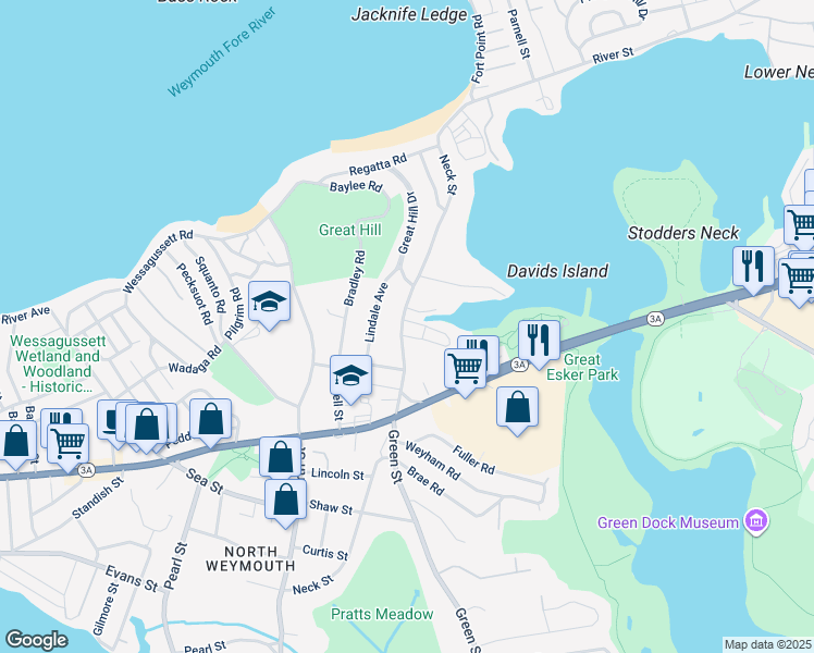 map of restaurants, bars, coffee shops, grocery stores, and more near 279 Neck Street in Weymouth