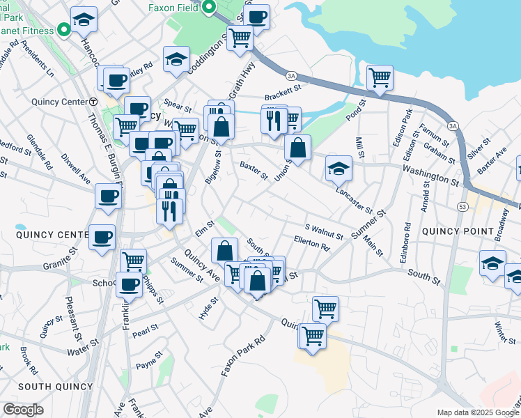 map of restaurants, bars, coffee shops, grocery stores, and more near 17 Union Street in Quincy