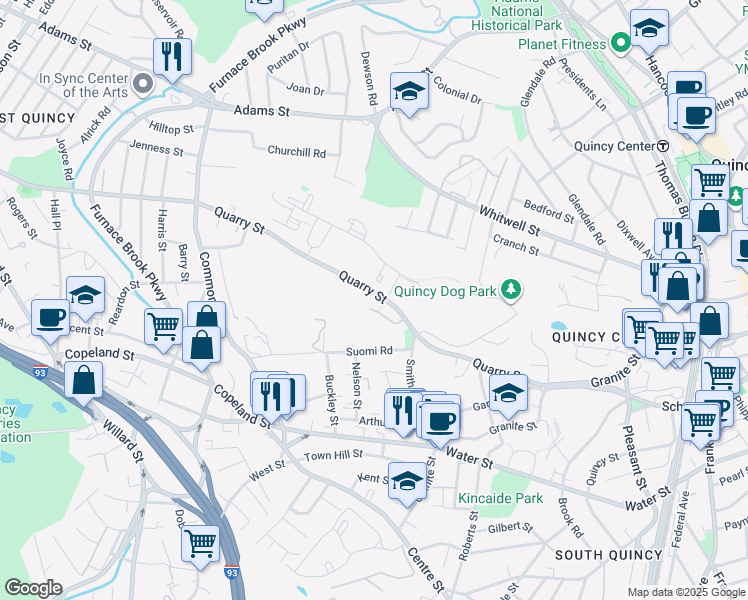 map of restaurants, bars, coffee shops, grocery stores, and more near 2 Avalon Drive in Quincy