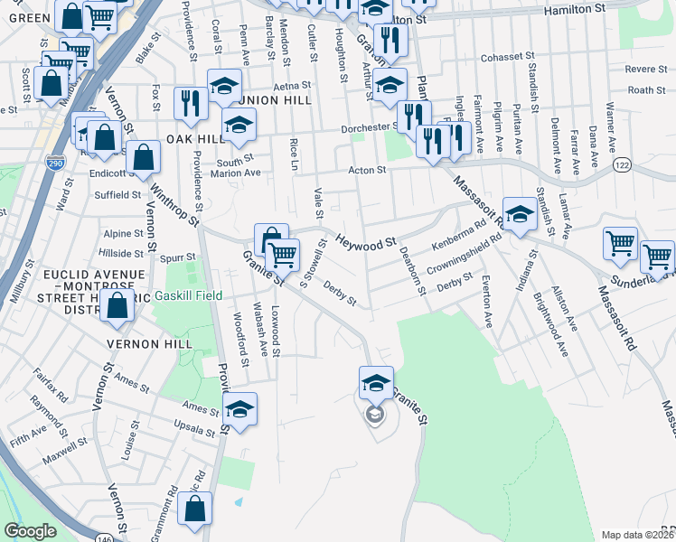 map of restaurants, bars, coffee shops, grocery stores, and more near 19 Kenberma Road in Worcester