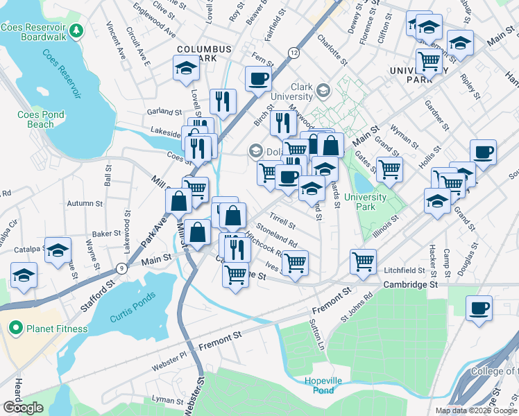 map of restaurants, bars, coffee shops, grocery stores, and more near 4 Agawam Street in Worcester