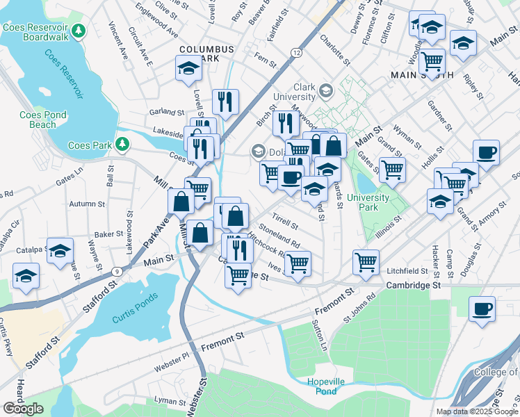 map of restaurants, bars, coffee shops, grocery stores, and more near 4 Agawam Street in Worcester