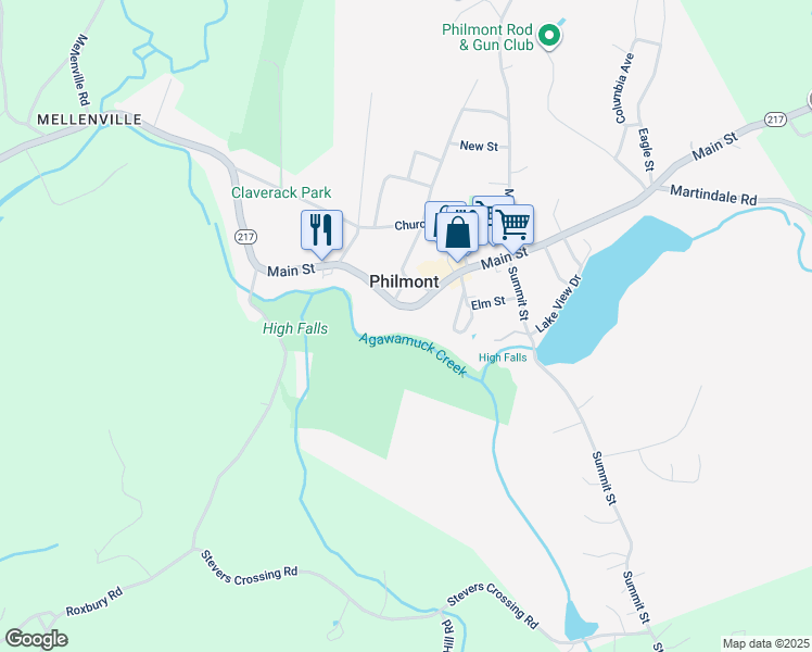 map of restaurants, bars, coffee shops, grocery stores, and more near 57 Main Street in Hudson