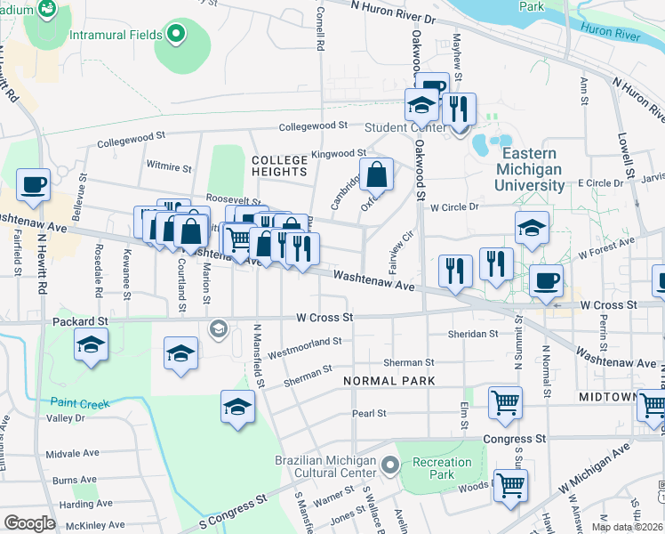 map of restaurants, bars, coffee shops, grocery stores, and more near 1301 Whittier Road in Ypsilanti