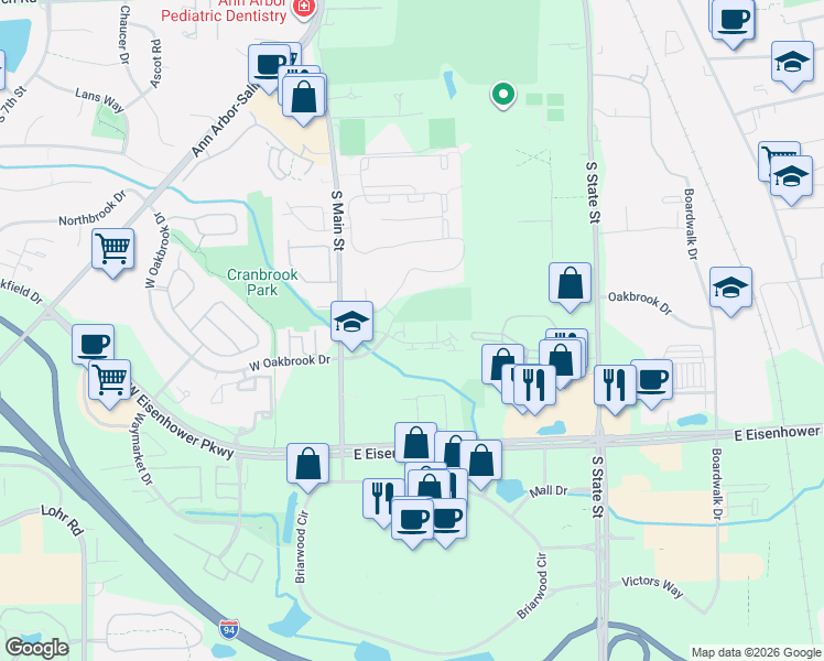 map of restaurants, bars, coffee shops, grocery stores, and more near 250 West Oakbrook Drive in Ann Arbor