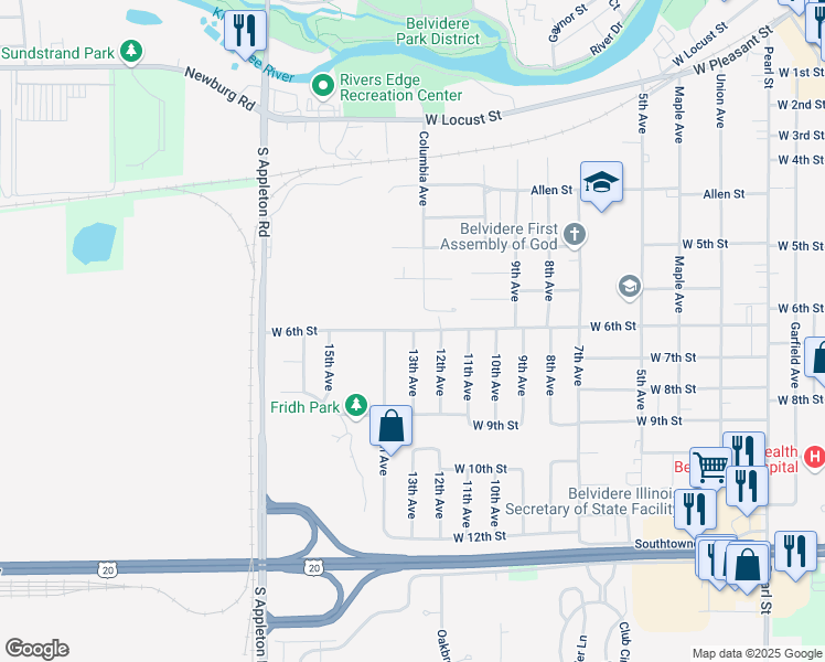 map of restaurants, bars, coffee shops, grocery stores, and more near 1111 West 6th Street in Belvidere