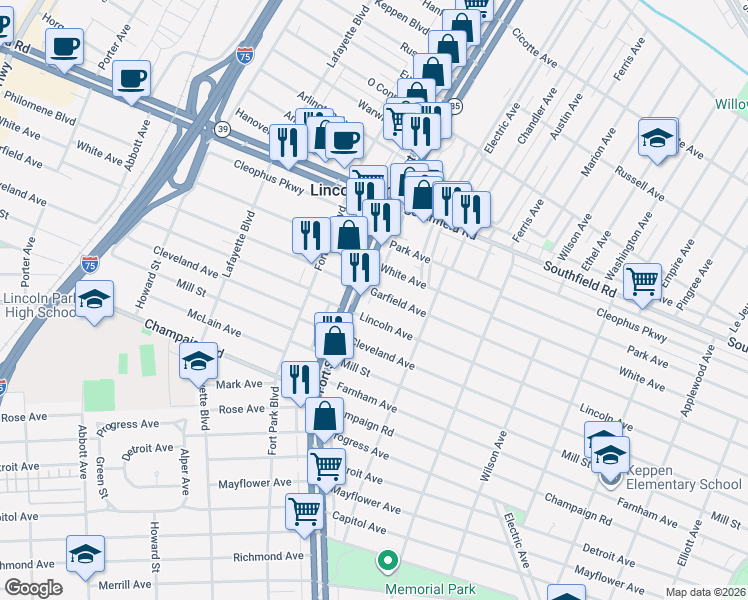 map of restaurants, bars, coffee shops, grocery stores, and more near 2205 Fort Street in Lincoln Park