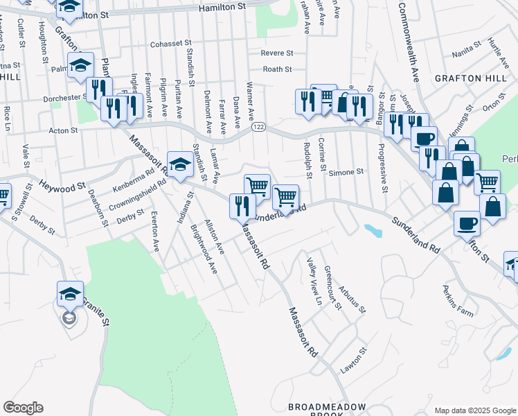 map of restaurants, bars, coffee shops, grocery stores, and more near 29 Sunderland Road in Worcester