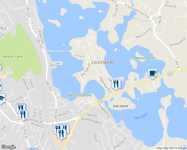 map of restaurants, bars, coffee shops, grocery stores, and more near 22 Bay View Drive in Shrewsbury