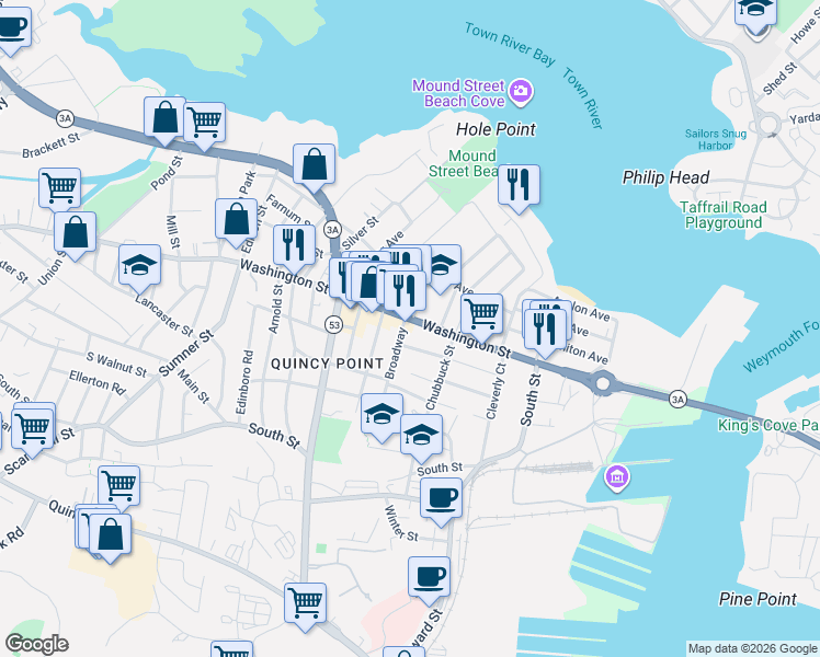 map of restaurants, bars, coffee shops, grocery stores, and more near 532 Washington Street in Quincy
