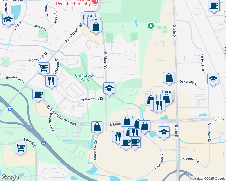 map of restaurants, bars, coffee shops, grocery stores, and more near 175 Briarcrest Drive in Ann Arbor