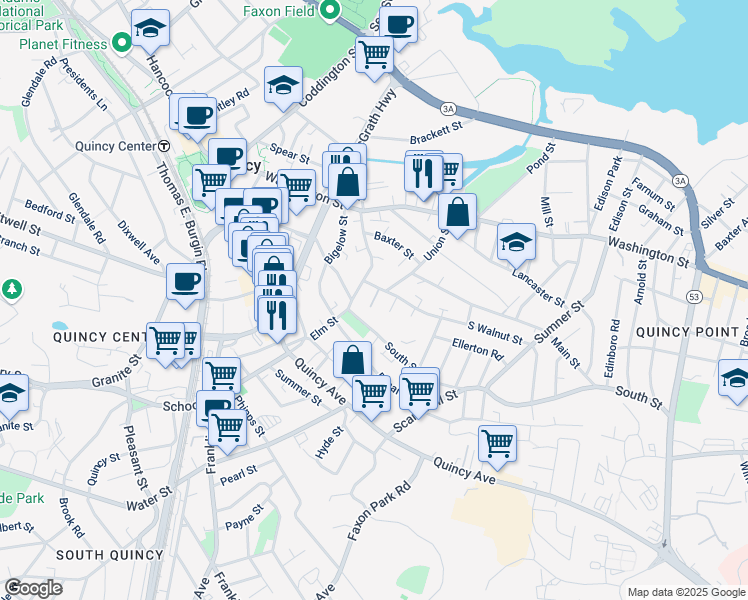 map of restaurants, bars, coffee shops, grocery stores, and more near 11 Taft St in Quincy