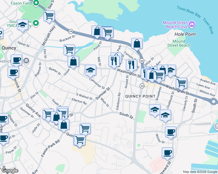 map of restaurants, bars, coffee shops, grocery stores, and more near 136 Sumner Street in Quincy