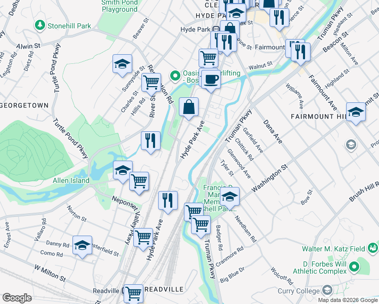 map of restaurants, bars, coffee shops, grocery stores, and more near 1510 Hyde Park Avenue in Boston