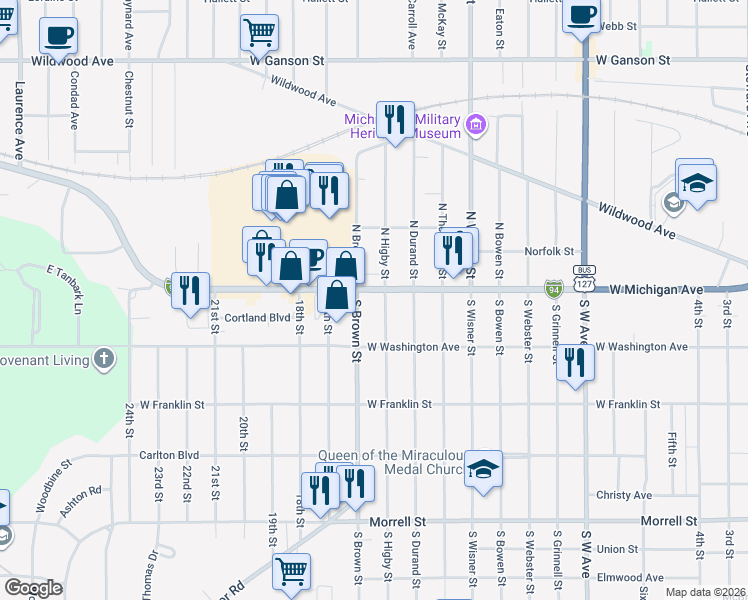 map of restaurants, bars, coffee shops, grocery stores, and more near 1505 West Michigan Avenue in Jackson