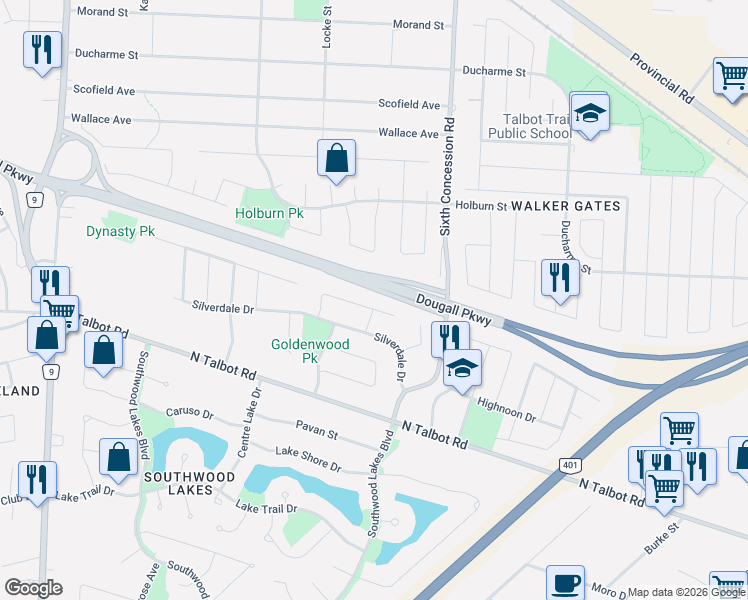 map of restaurants, bars, coffee shops, grocery stores, and more near 992 Lemonwood Crescent in Windsor