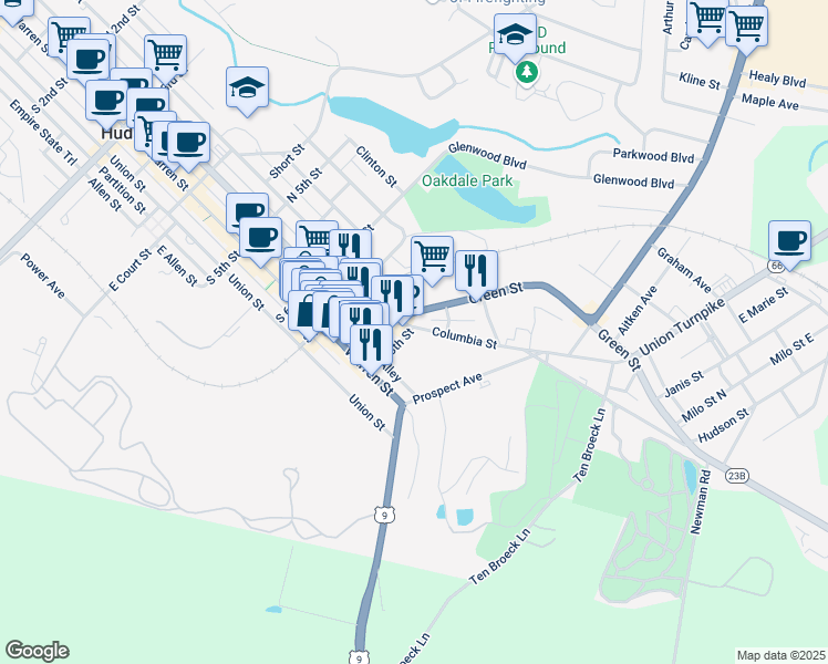 map of restaurants, bars, coffee shops, grocery stores, and more near in Hudson