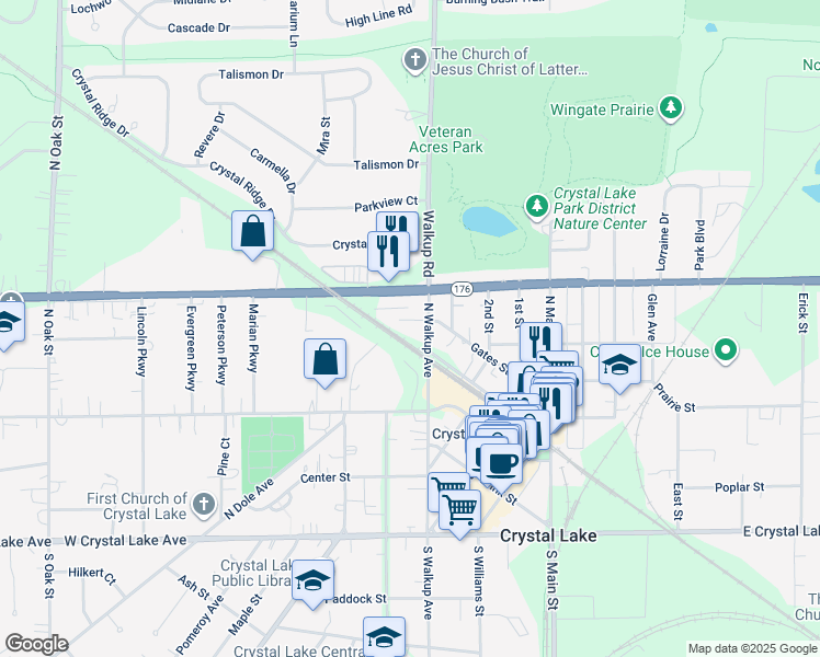 map of restaurants, bars, coffee shops, grocery stores, and more near 29 Burdent Drive in Crystal Lake
