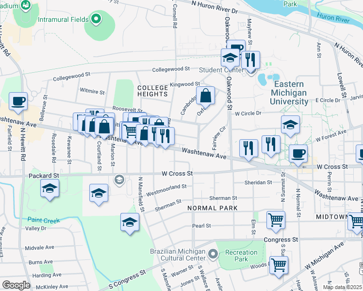 map of restaurants, bars, coffee shops, grocery stores, and more near 1301 Whittier Road in Ypsilanti